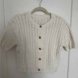 Cable Knit White Sweater with Button Detail